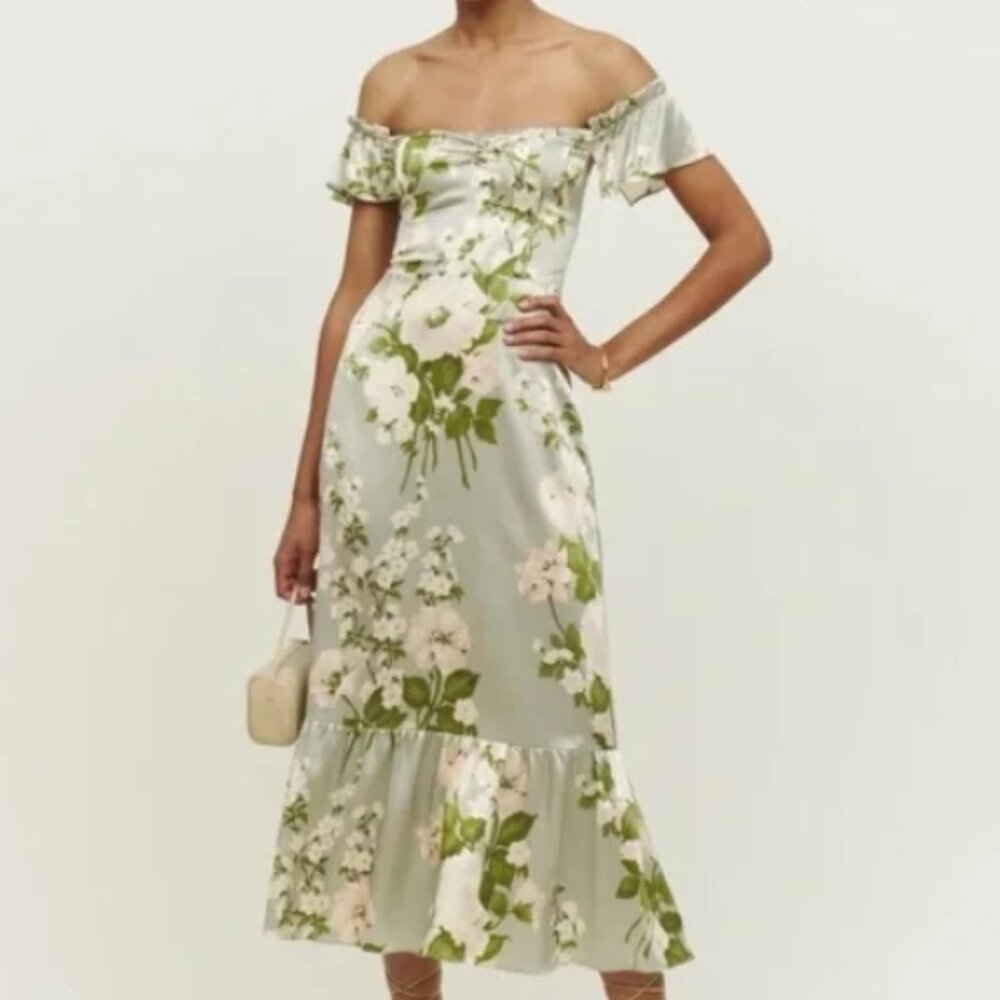 NWOT Reformation Sianna Silk Floral Midi Dress in Tarragon S $328 - Picture 2 of 12